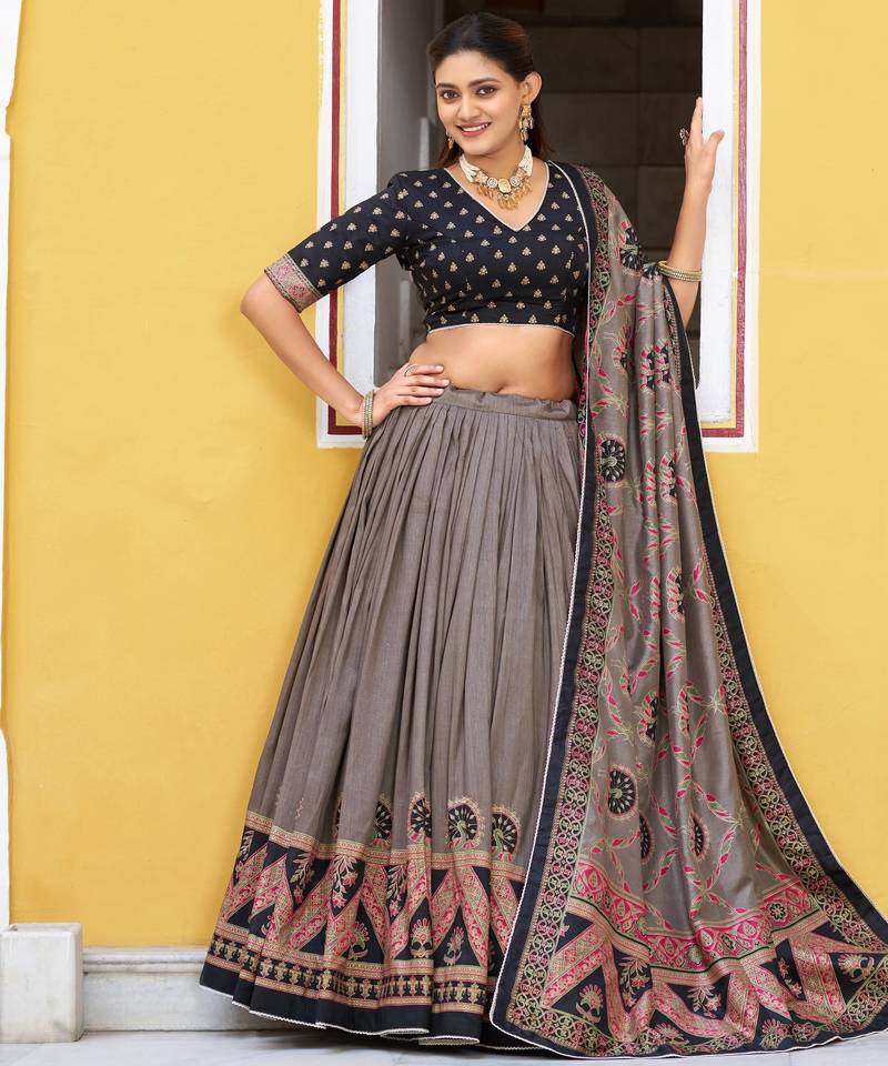 Balck  Printed Tasar Silk Pleated Lehenga Choli for Women