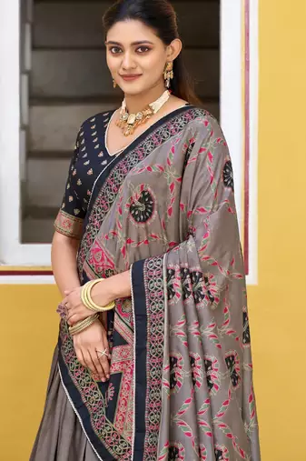Balck  Printed Tasar Silk Pleated Lehenga Choli for Women