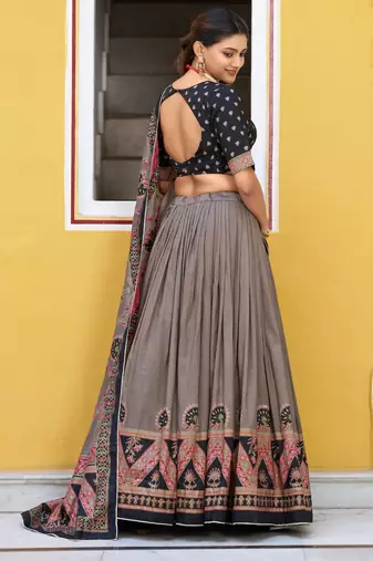 Balck  Printed Tasar Silk Pleated Lehenga Choli for Women
