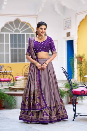 Purple Printed Tasar Silk Pleated Lehenga Choli for Women