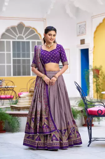 Purple Printed Tasar Silk Pleated Lehenga Choli for Women