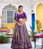 Purple Printed Tasar Silk Pleated Lehenga Choli for Women