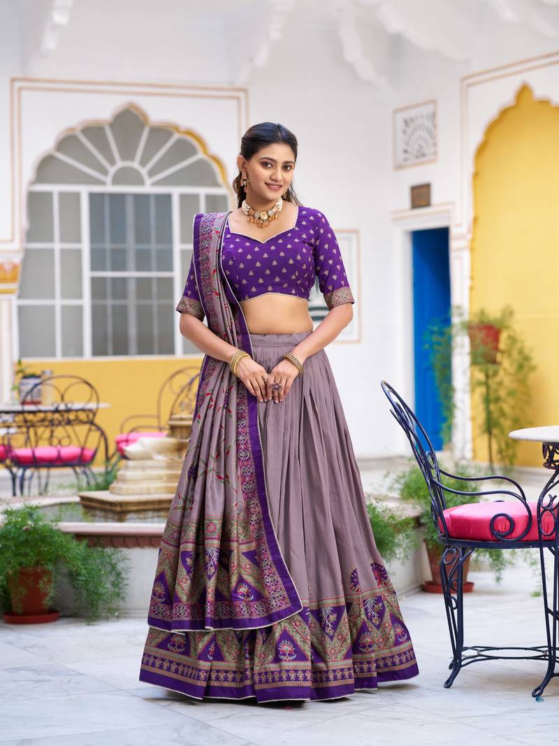 Purple Printed Tasar Silk Pleated Lehenga Choli for Women