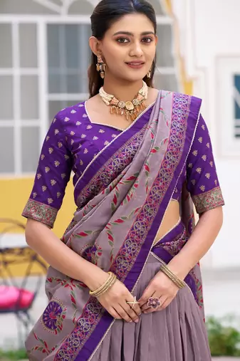 Purple Printed Tasar Silk Pleated Lehenga Choli for Women