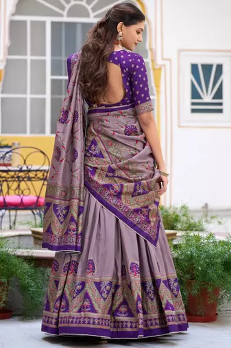 Purple Printed Tasar Silk Pleated Lehenga Choli for Women