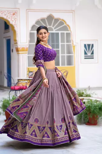 Purple Printed Tasar Silk Pleated Lehenga Choli for Women