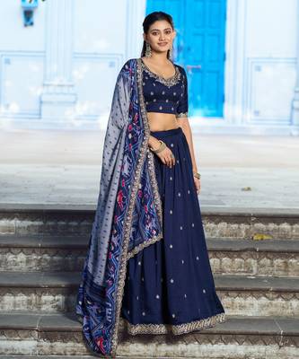 Blue Vichitra Silk Thread Work Lehenga with Scalloped Border Dupatta 1