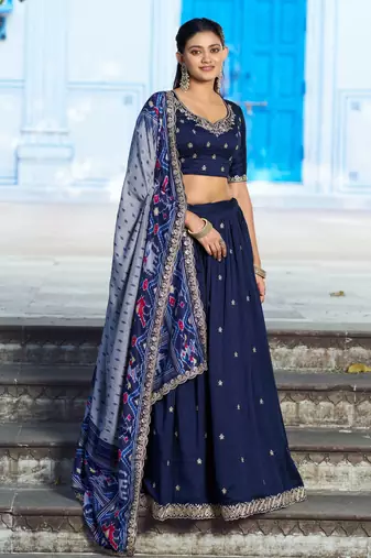Blue Vichitra Silk Thread Work Lehenga with Scalloped Border Dupatta