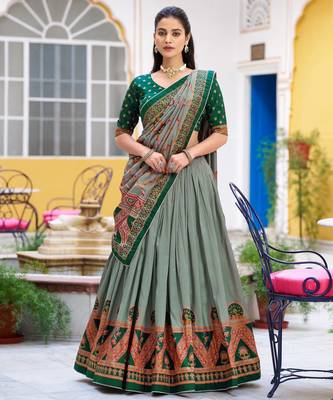 GreenTraditional Printed Tasar Silk Pleated Lehenga Choli for Women 1