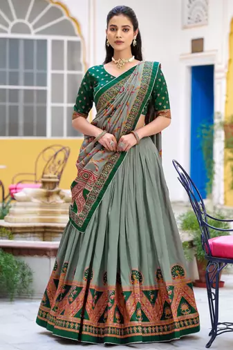 GreenTraditional Printed Tasar Silk Pleated Lehenga Choli for Women
