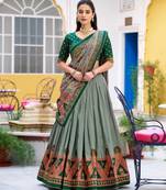 GreenTraditional Printed Tasar Silk Pleated Lehenga Choli for Women