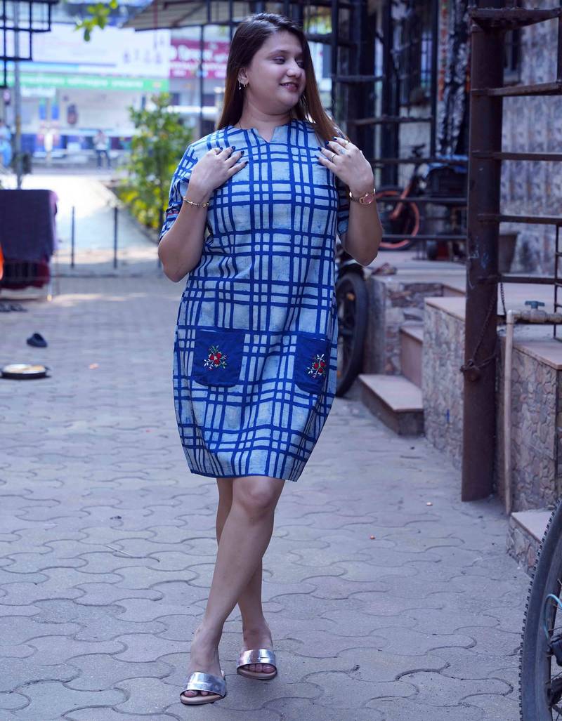 indigo handblock printed knee length dress