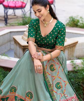 GreenTraditional Printed Tasar Silk Pleated Lehenga Choli for Women 2