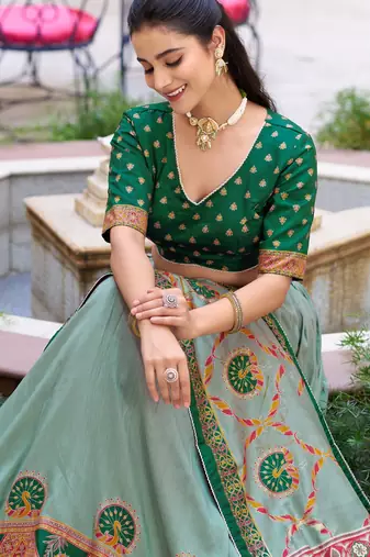 GreenTraditional Printed Tasar Silk Pleated Lehenga Choli for Women