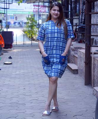 indigo handblock printed knee length dress 3
