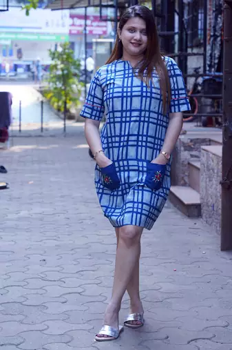 indigo handblock printed knee length dress