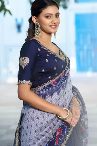 Blue Vichitra Silk Thread Work Lehenga with Scalloped Border Dupatta