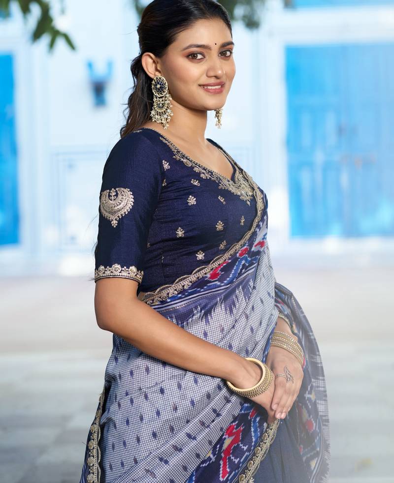 Blue Vichitra Silk Thread Work Lehenga with Scalloped Border Dupatta