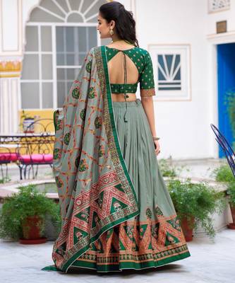 GreenTraditional Printed Tasar Silk Pleated Lehenga Choli for Women 3