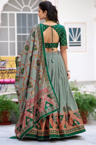 GreenTraditional Printed Tasar Silk Pleated Lehenga Choli for Women
