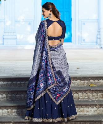 Blue Vichitra Silk Thread Work Lehenga with Scalloped Border Dupatta 3
