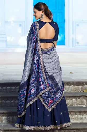 Blue Vichitra Silk Thread Work Lehenga with Scalloped Border Dupatta