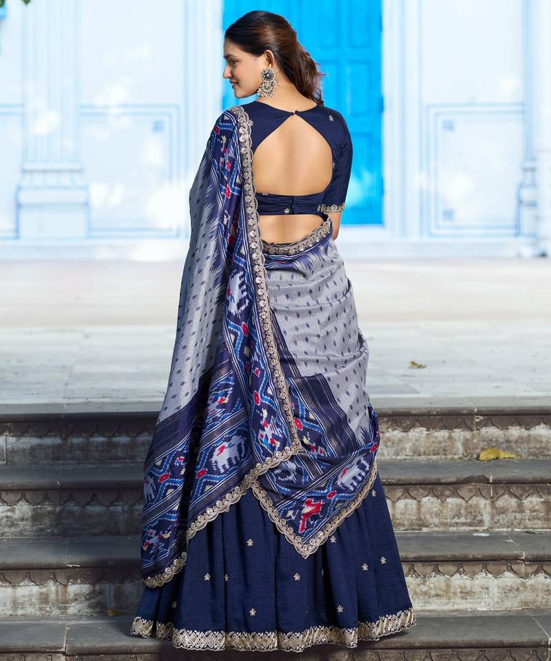 Blue Vichitra Silk Thread Work Lehenga with Scalloped Border Dupatta