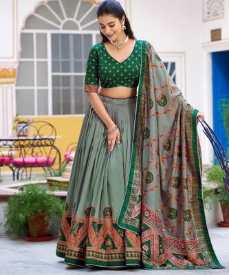 GreenTraditional Printed Tasar Silk Pleated Lehenga Choli for Women 4