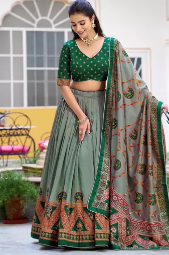 GreenTraditional Printed Tasar Silk Pleated Lehenga Choli for Women