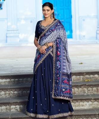 Blue Vichitra Silk Thread Work Lehenga with Scalloped Border Dupatta 4