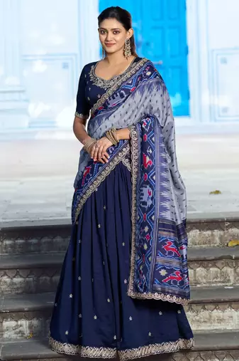 Blue Vichitra Silk Thread Work Lehenga with Scalloped Border Dupatta