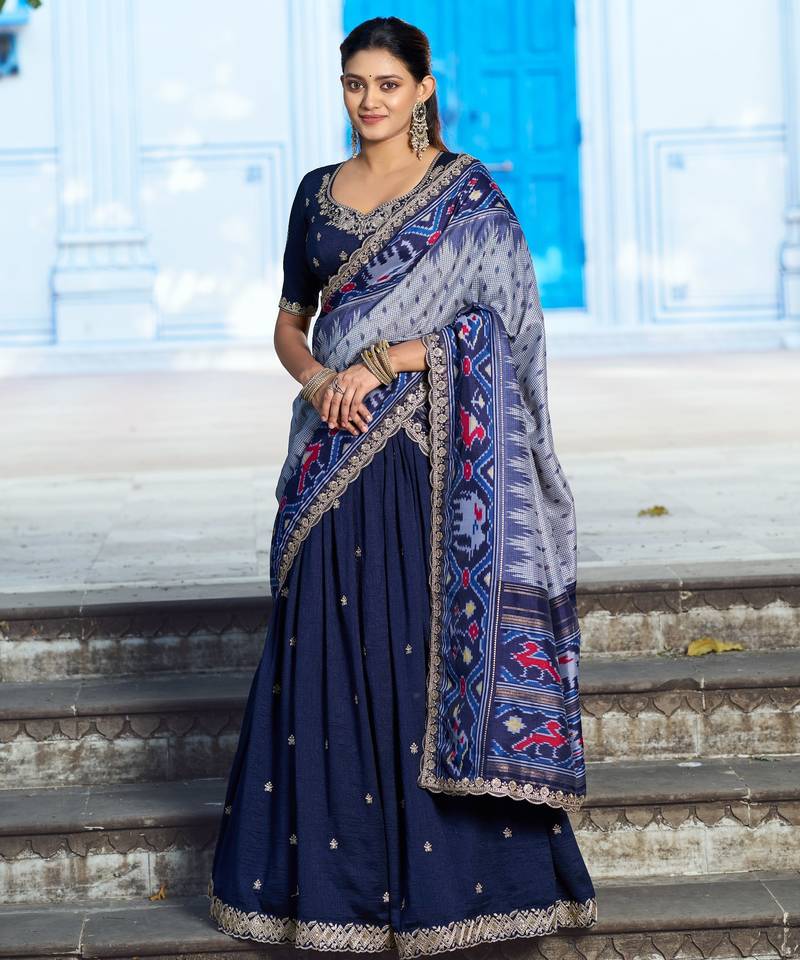 Blue Vichitra Silk Thread Work Lehenga with Scalloped Border Dupatta