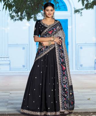 Black Vichitra Silk Thread Work Lehenga with Scalloped Border Dupatta 1