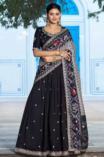 Black Vichitra Silk Thread Work Lehenga with Scalloped Border Dupatta