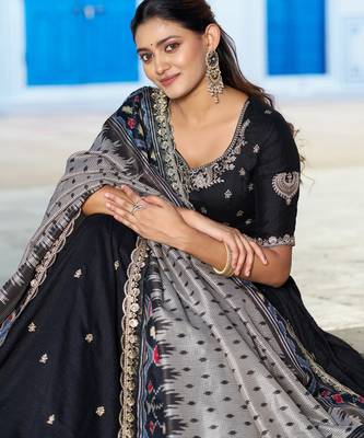 Black Vichitra Silk Thread Work Lehenga with Scalloped Border Dupatta 2