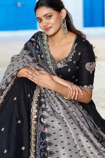 Black Vichitra Silk Thread Work Lehenga with Scalloped Border Dupatta