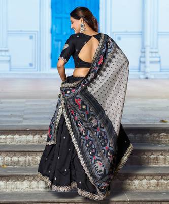 Black Vichitra Silk Thread Work Lehenga with Scalloped Border Dupatta 3