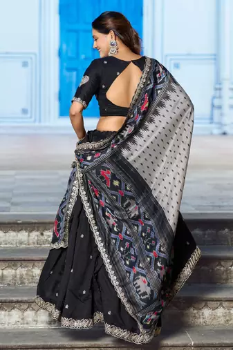 Black Vichitra Silk Thread Work Lehenga with Scalloped Border Dupatta