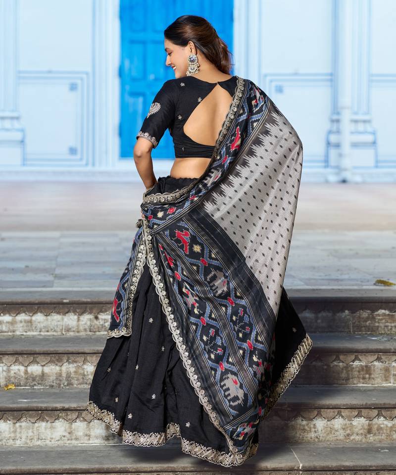 Black Vichitra Silk Thread Work Lehenga with Scalloped Border Dupatta