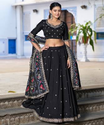 Black Vichitra Silk Thread Work Lehenga with Scalloped Border Dupatta 4