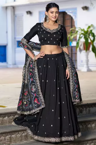 Black Vichitra Silk Thread Work Lehenga with Scalloped Border Dupatta