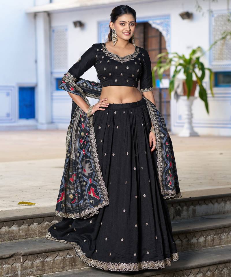 Black Vichitra Silk Thread Work Lehenga with Scalloped Border Dupatta