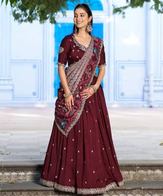 Wine Red Vichitra Silk Thread Work Lehenga with Scalloped Border Dupatta 1