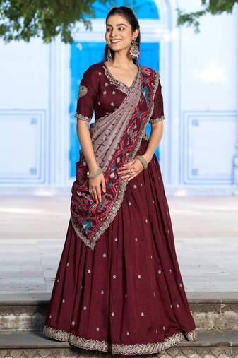 Wine Red Vichitra Silk Thread Work Lehenga with Scalloped Border Dupatta