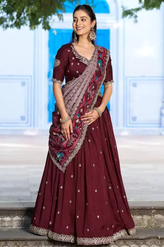 Wine Red Vichitra Silk Thread Work Lehenga with Scalloped Border Dupatta