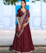 Wine Red Vichitra Silk Thread Work Lehenga with Scalloped Border Dupatta