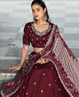 Wine Red Vichitra Silk Thread Work Lehenga with Scalloped Border Dupatta 2