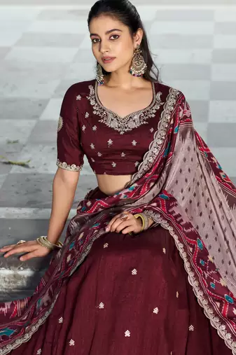Wine Red Vichitra Silk Thread Work Lehenga with Scalloped Border Dupatta