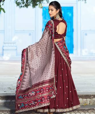 Wine Red Vichitra Silk Thread Work Lehenga with Scalloped Border Dupatta 3