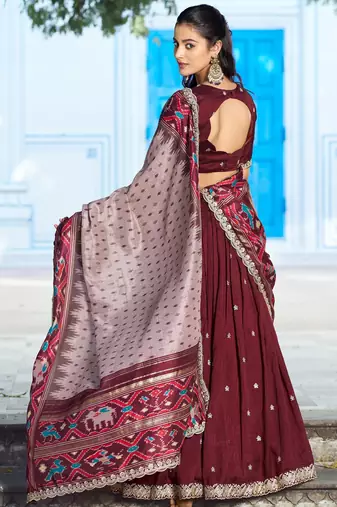 Wine Red Vichitra Silk Thread Work Lehenga with Scalloped Border Dupatta
